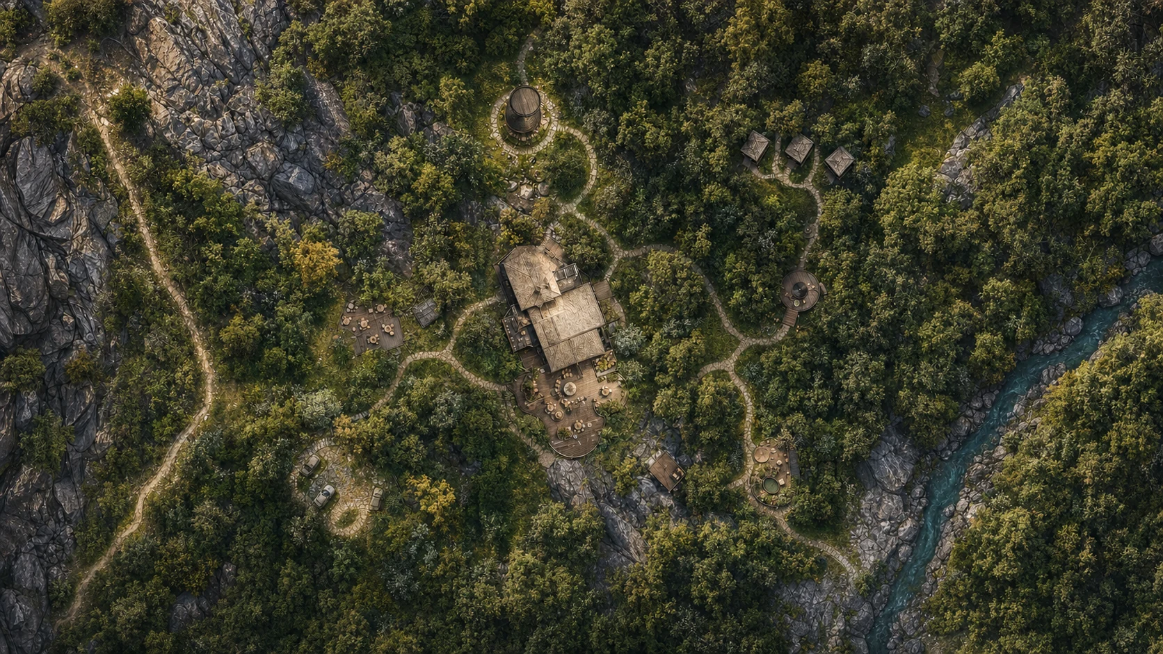Vista aérea cinematográfica do Wellness Club integrado à mata, às rochas e ao Rio São Miguel