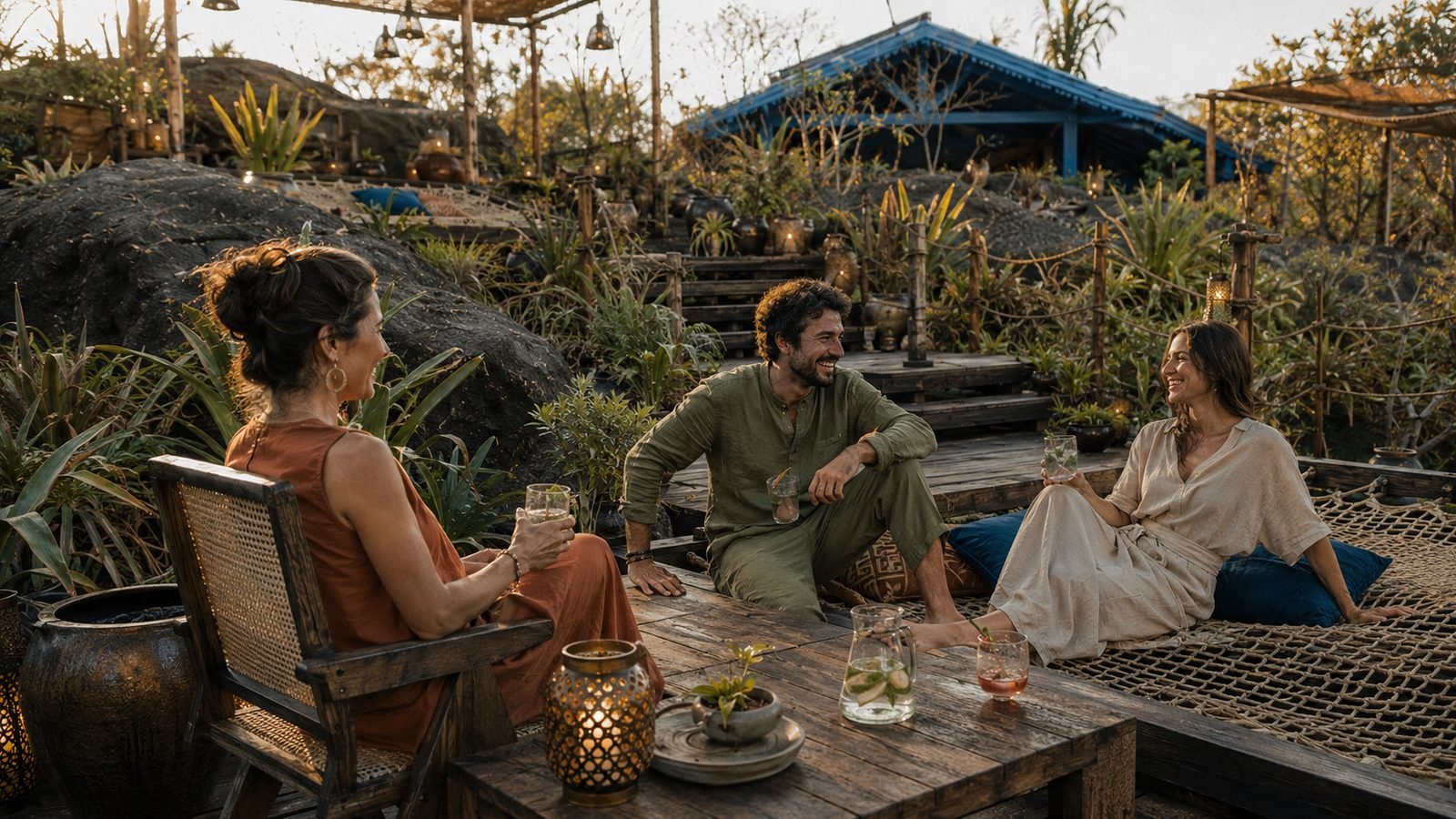Amigos conversam no deck ao pôr do sol, com a casa azul ao fundo