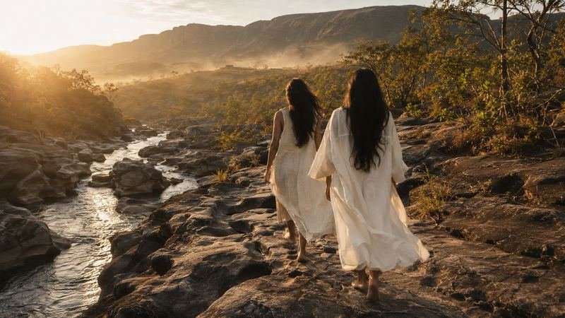 Duas mulheres caminham pelo rio de pedra