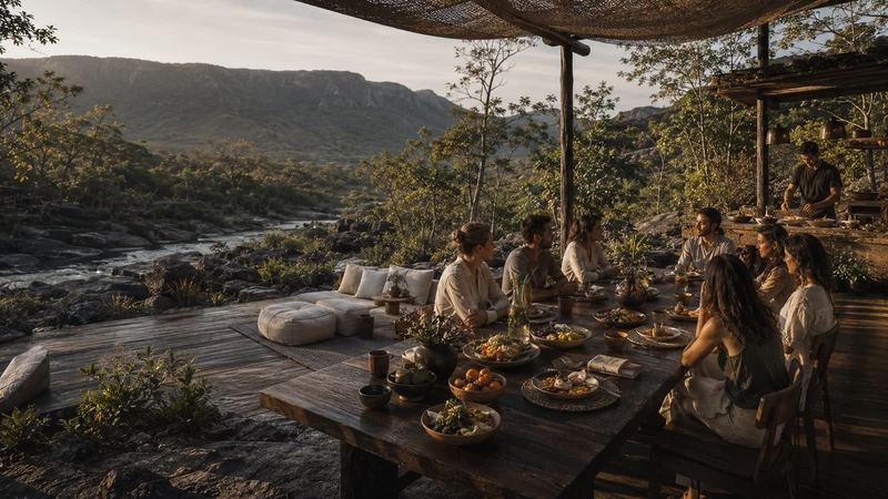 Mesa posta no deck com vista para o vale