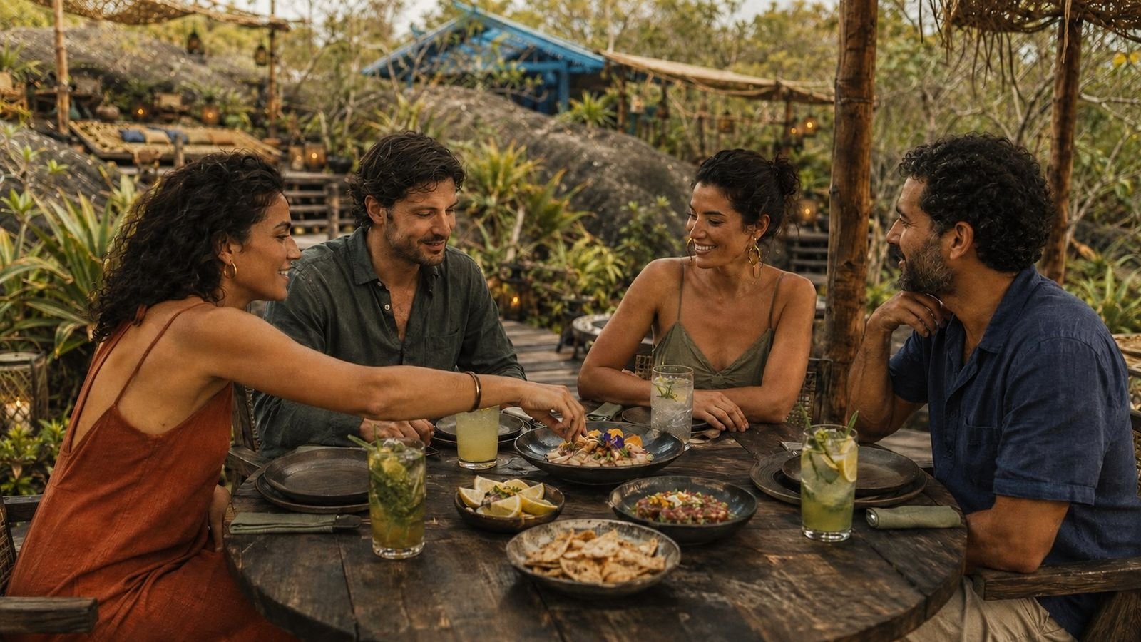 Amigos à mesa no pavilhão azul