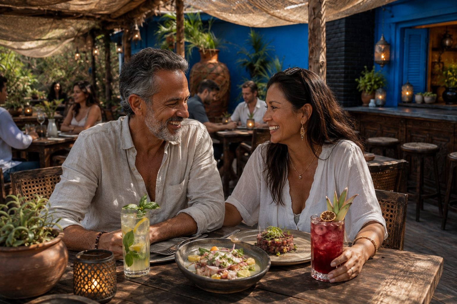 Casal brinda à mesa, com a casa azul ao fundo